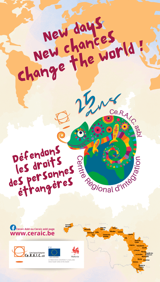 Carte du monde avec le slogan Défendons les droits des personnes étrangères par dessus avec sur le côté le logo sous forme d'un caméléon